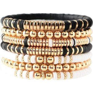 Surfer Heishi Clay Bead Bracelets for Women Bohemian Stackable Gold B/W&Gold